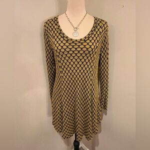 Lisa Bayne Harvest gold and Black Patterned Long Sleeve Tunic/Mini Dress, Med